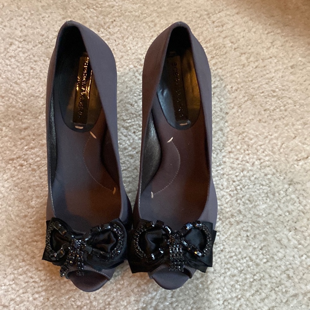 BCBG MAXAZRIA satin black and gray heels with rhinestone bow. 3 inches.